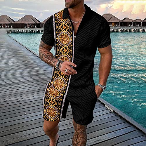Conjunto masculino casual de manga curta e shorts conjunto de duas peças roupas de verão com zíper c