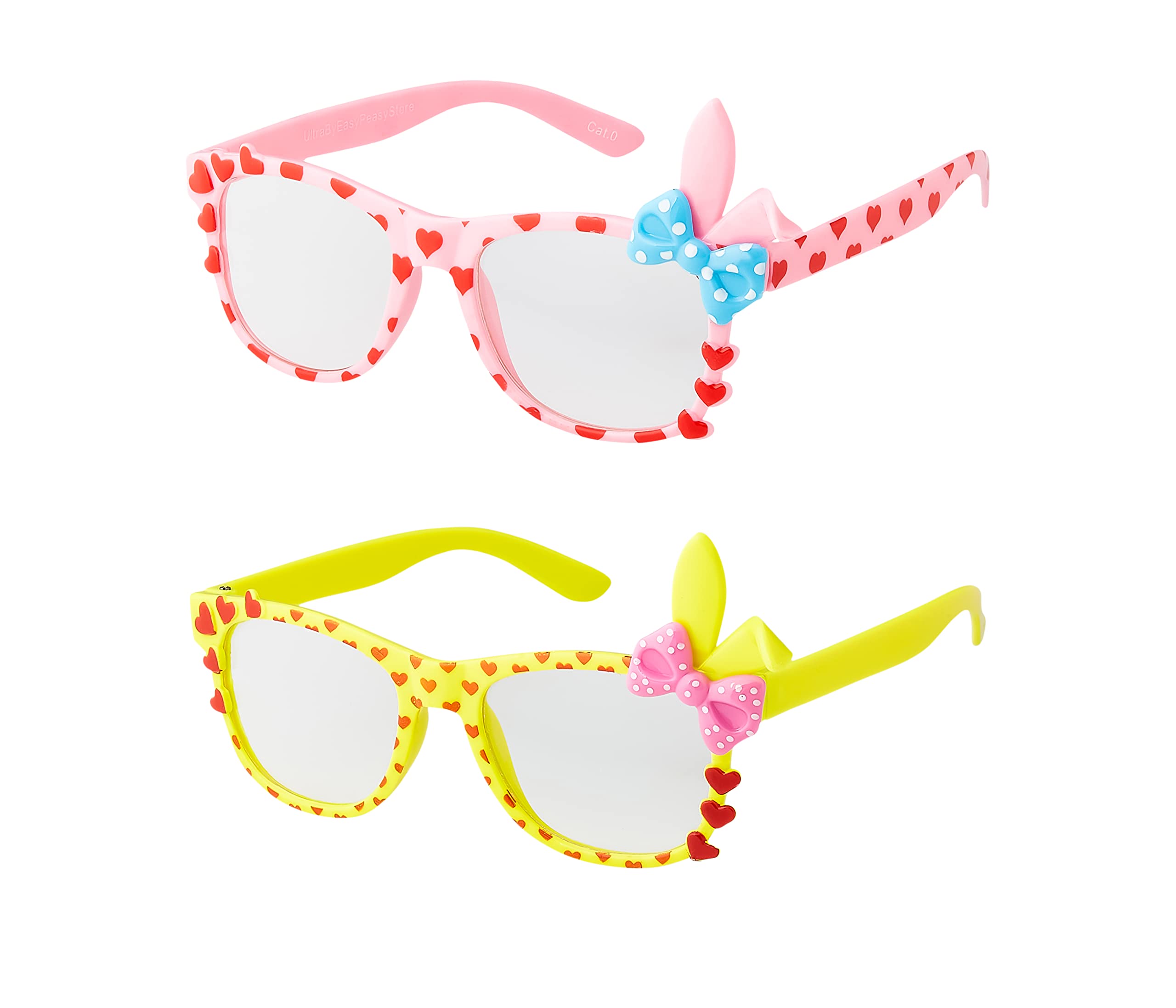 1 Yellow 1 Pink Bunny Ear Childrens Costume Glasses Classic Clear Lens Glasses Frames Girls Kids Costume Glasses Fancy Dress World Book Day Geek Glasses Hipsters Nerd Style Fake Glasses