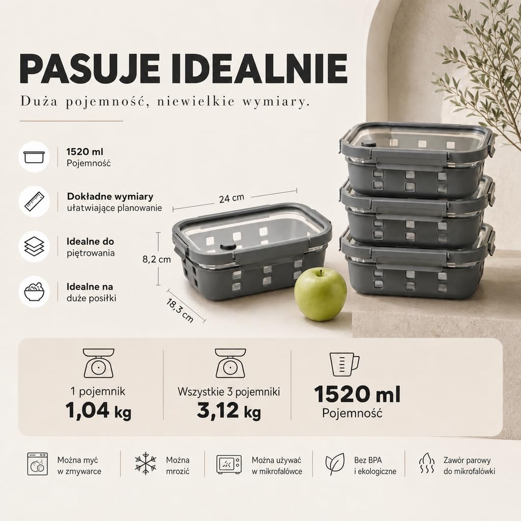 Zestaw Pojemników Meal Prep 3x1520ml – Szkło borokrzemowe, szczelne, piętrowe, mikrofalówka z zaworem parowym, silikonowa powłoka antyuderzeniowa