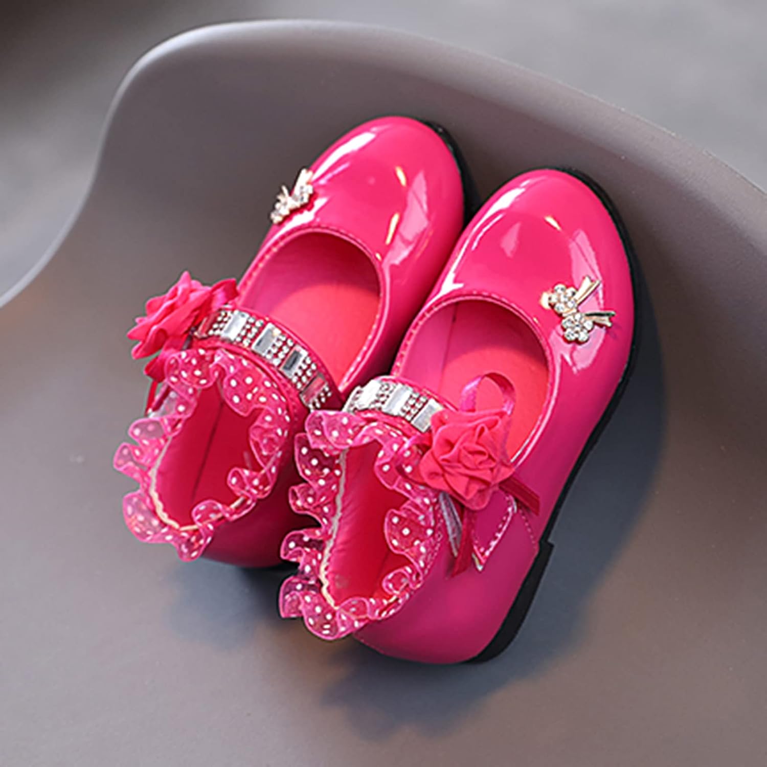 Unifizz Girls Mary Jane Dress Shoes for Toddler Kids Flower Rhinestone Front Bow Ballerina Flat