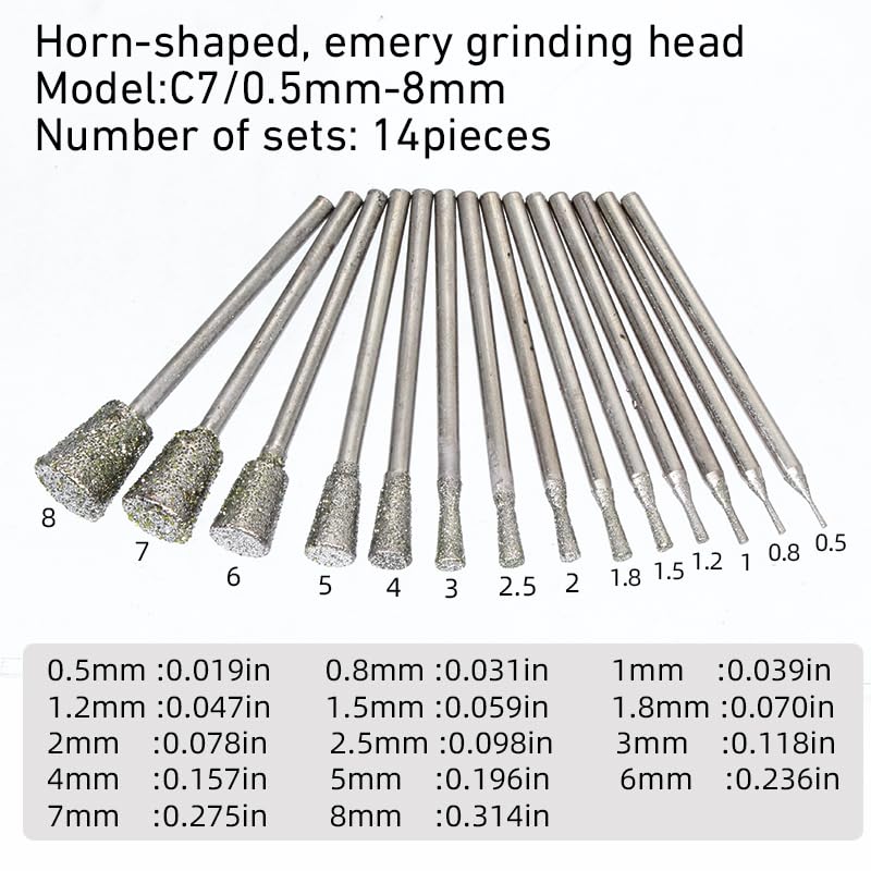 C7:C7 0.5-8 (14zhi) 14 Pieces Flared Shape Sanding Wand Carving Grinder Diamond Sanding Tool for Sharp, Good Use Diamond Drill Bit - 3/32 Inch Shank, Stone Engraving Tool for Electric Rotary Tool
