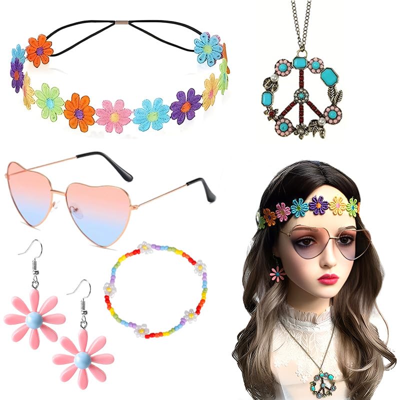Complementos hippie 5 peças conjunto de disfarces hippie inclui colar de óculos de sol em forma hippies pulseira de fita para a cabeça hippie e brincos de 2 peças para festas temáticas