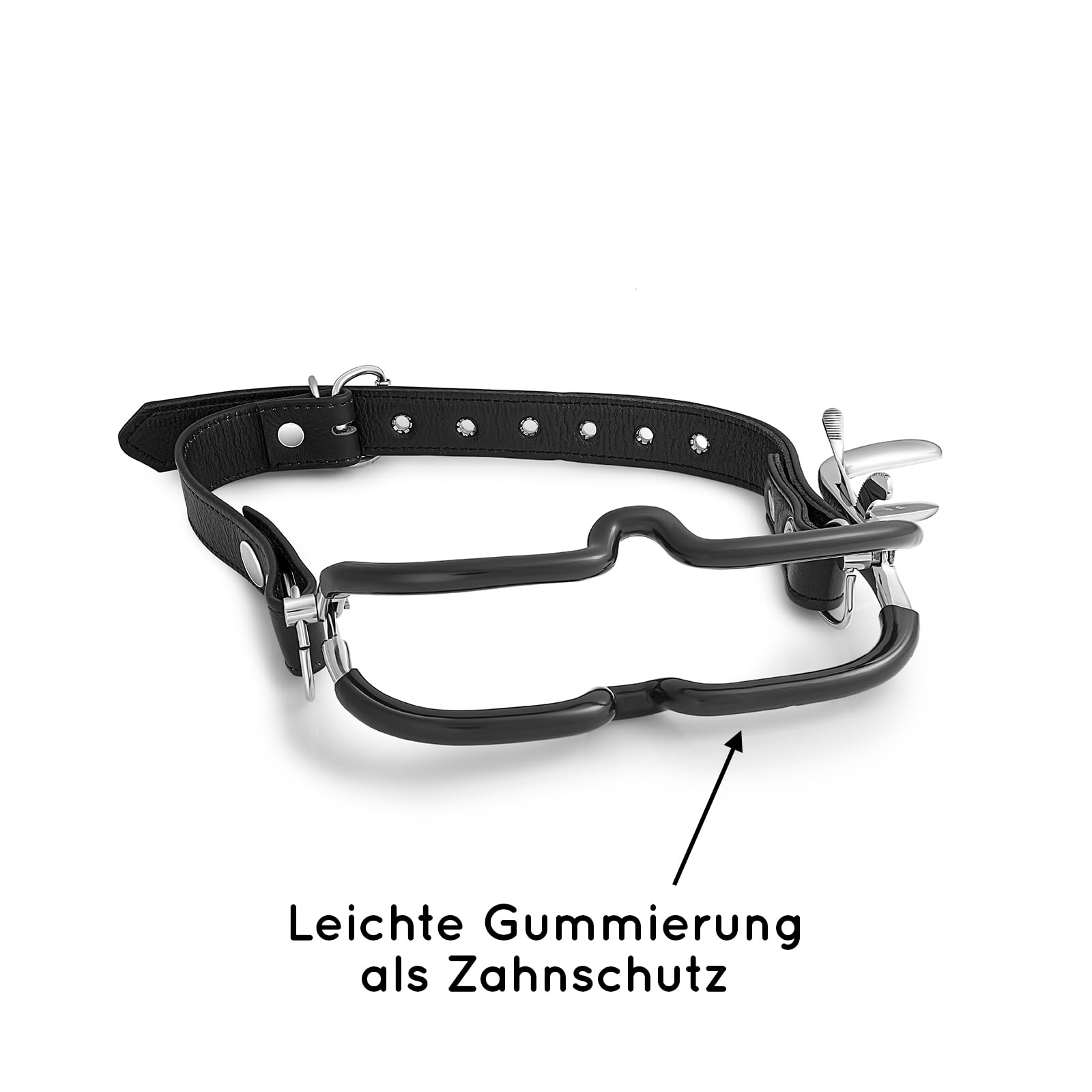 Mens-Shop24 Écarteur de bouche réglable en acier inoxydable avec protection dentaire et sangle cuir - Ouvre-bouche BDSM, bâillon métal, accessoire bondage adulte, écarteur buccal ajustable MS1