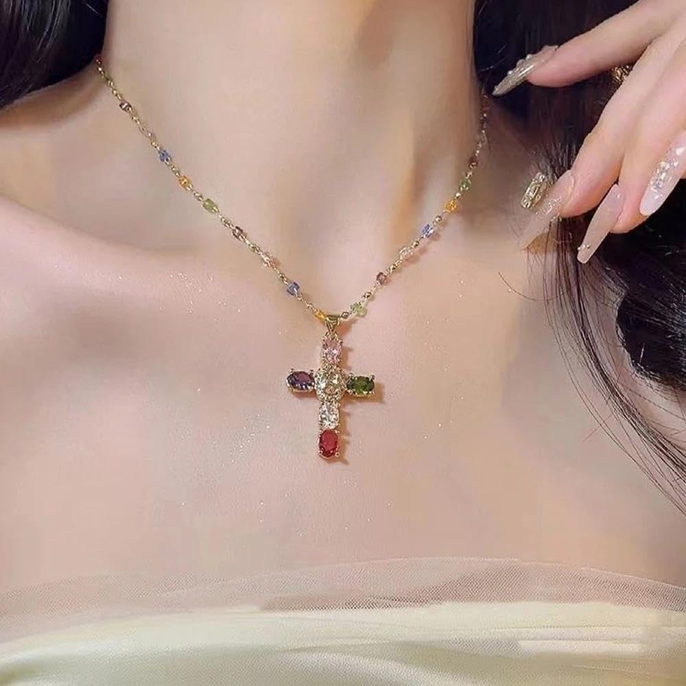 Vintage Rhinestone Cross Pendant Necklace for Women,Colored Sparkling Crystal Beaded Statement Choker,Trendy Party Banquet Jewelry Accessories Gifts - Image 2