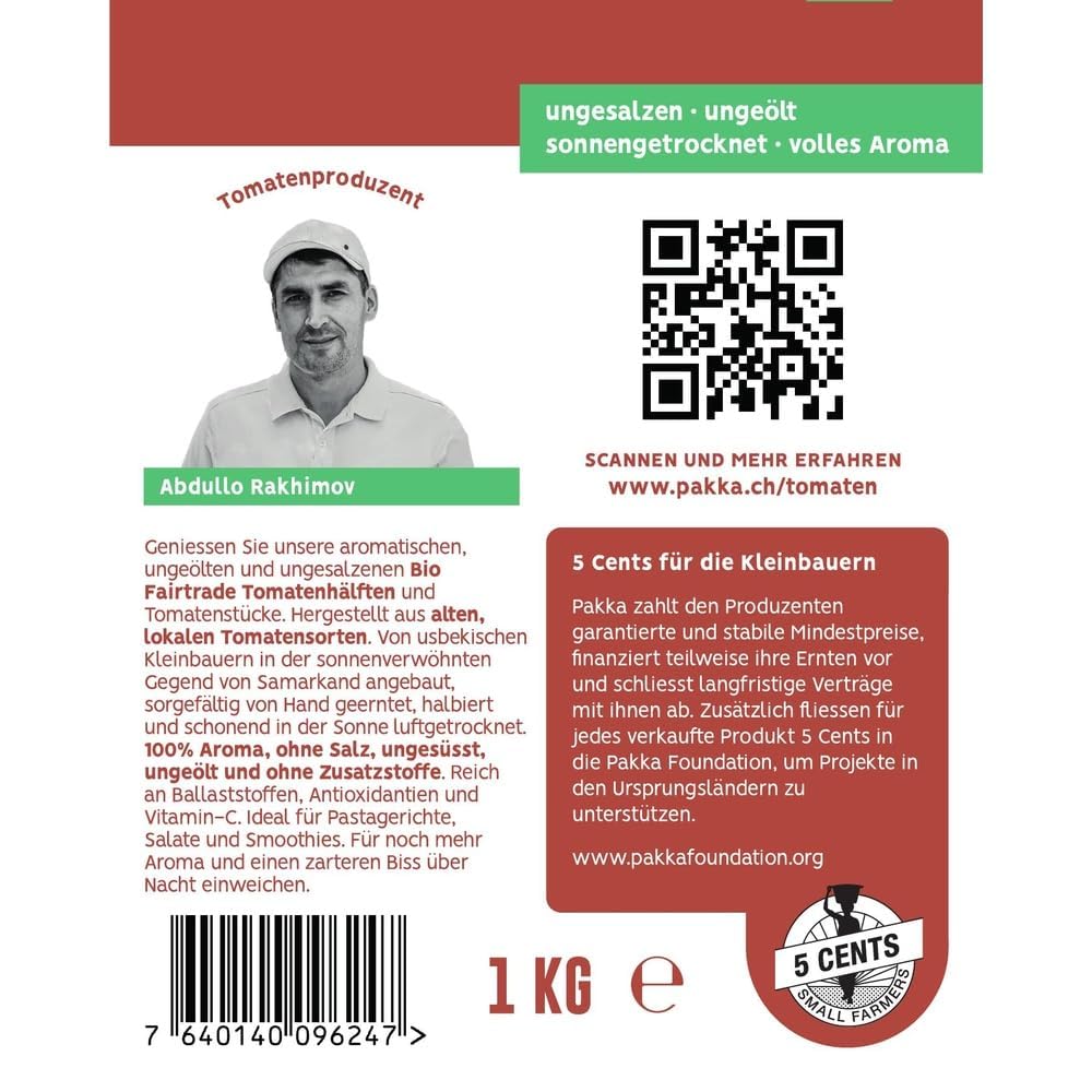 PAKKA Tomates bio Fairtrade séchées au soleil, 1000 g – Sans soufre, non salées, non huilées, issues d'anciennes variétés, directement des petits agriculteurs de Samarkand (Ouzbékistan), végétaliennes