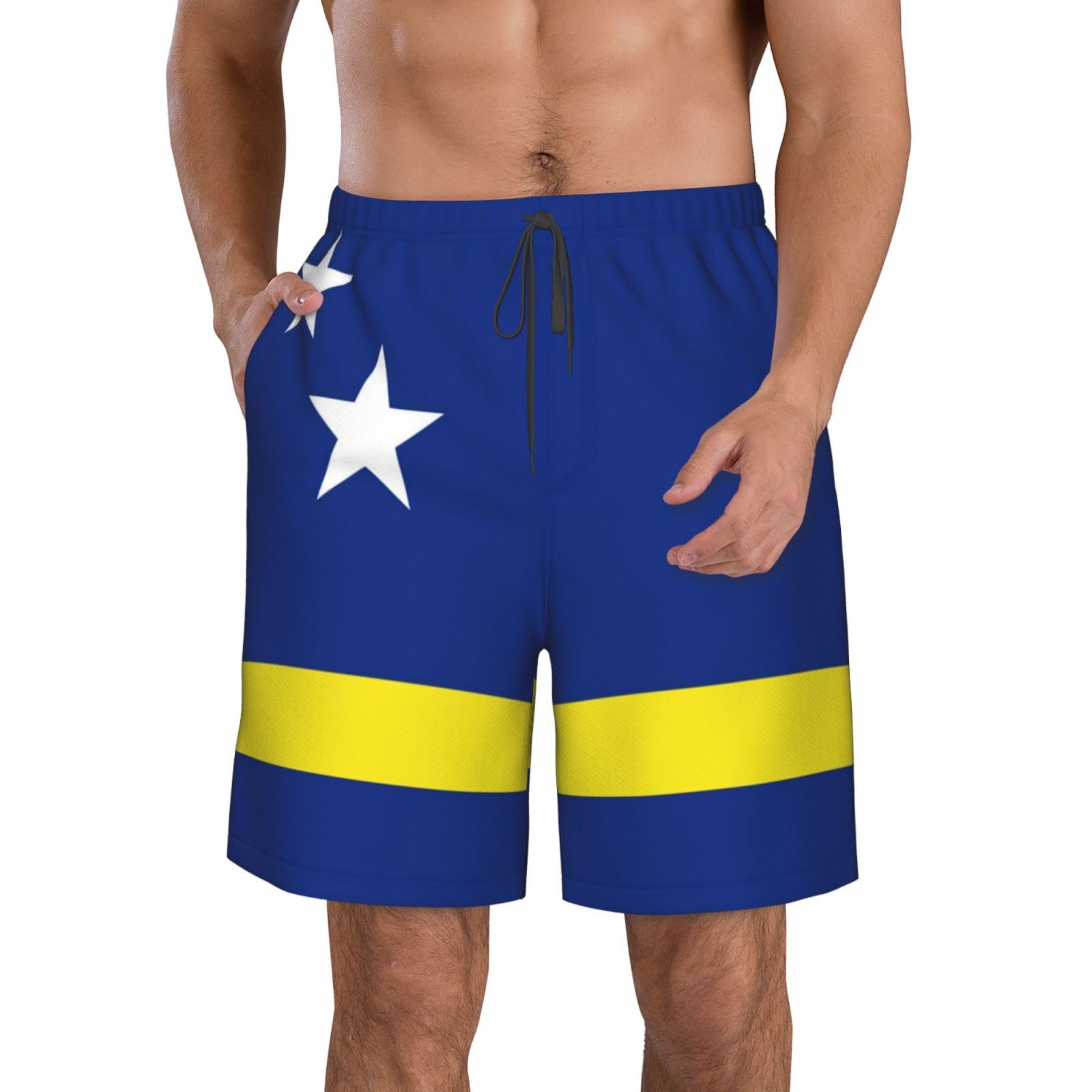 Melbrakin Curaçao Flag of Curacao Men's Swim Trunks Drawstring Beach Shorts