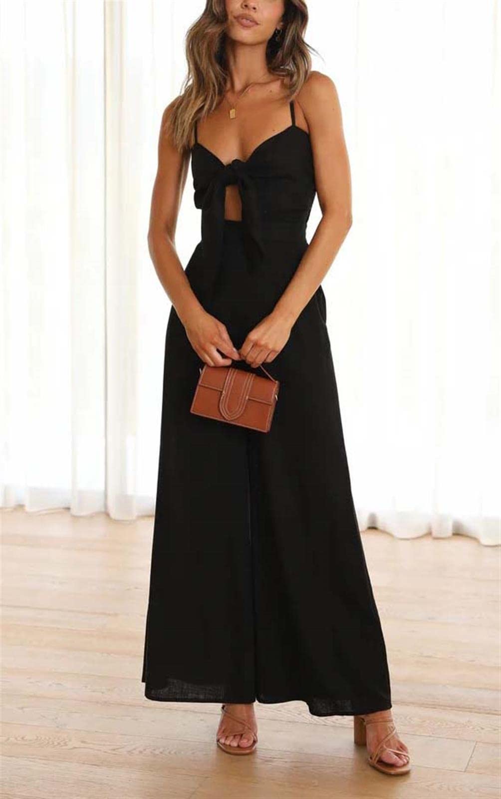 Damen Sommer Casual Weit Bein Jumpsuits Falten Hohe Taille verstellbare Träger Strampler