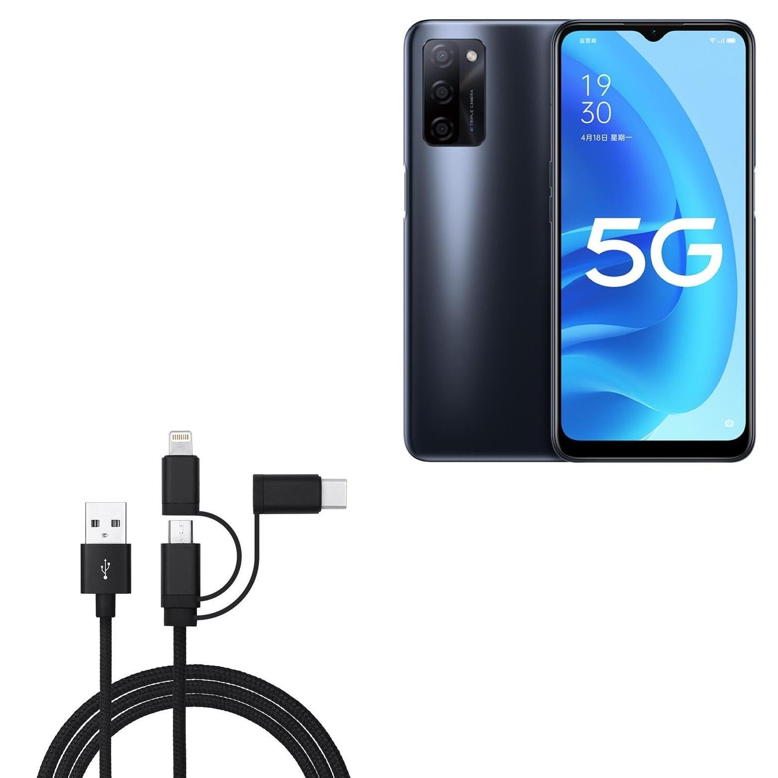BoxWave Cable Compatible with Oppo A55s - AllCharge 3-in-1 Cable - Jet Black