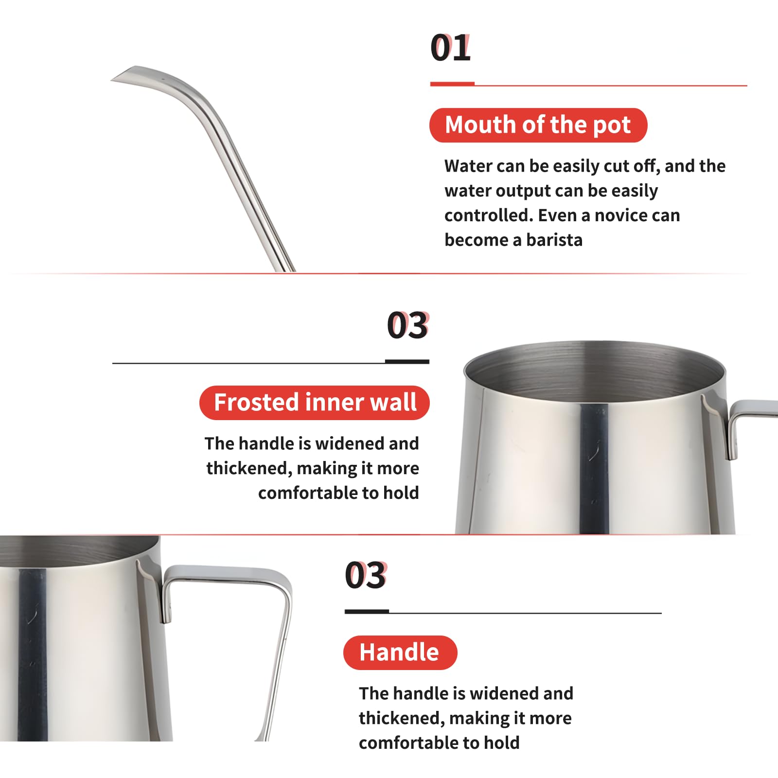 Hervidor de Café con Cuello de Cisne de Acero Inoxidable, Cafetera de Cuello de Cisne Larga - 350ml, Taza de Café para Espumar con Marca de Medición para Cocina, Doméstica, Cafetería