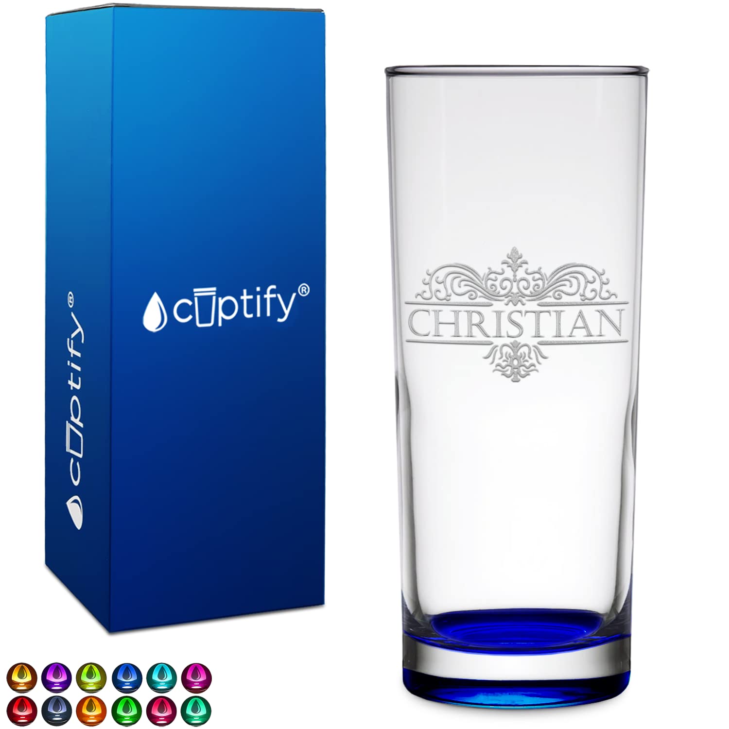 Custom Glasses Vestige Monogram 10 oz Blue Bottom Etched Highball Glass Engraved with Personalized Text Party Favor Decoration Birthday Gift