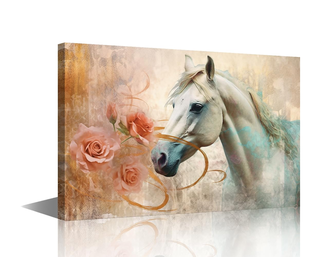 TISHIRON White Horse and Pink Rose Stretched Canvas Wall Art,White Horse Wall Decor, Horse Painting Gifts for Horse Lovers,Animal Canvas for Living Room Bedroom Kitchen Bathroom (12" Wx18 H)