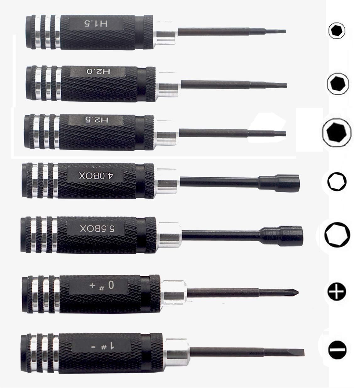 7PCS Hex Screw Driver Set - H1.5, 2.0, 2.5mm Hex, 4.0, 5.5mm Spanner, 0#, 1# Slot Screwdriver Kit for RC Helicopter, Airplane, Robotics, Car