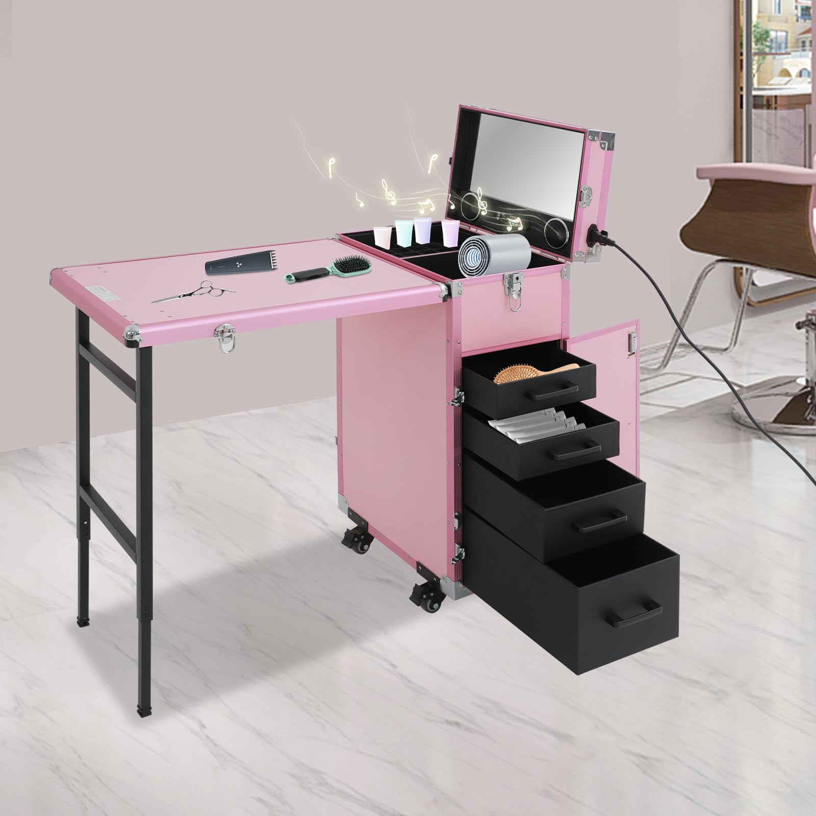 Kosmetik Trolley mit Tisch und 4 Schubladen, Tragbarer Nageltisch | Mobiler Manikürtisch mit Rollen, Faltbarer Reise-Nageltisch für Mobile Beauty-Studios und Outdoor-Einsatz