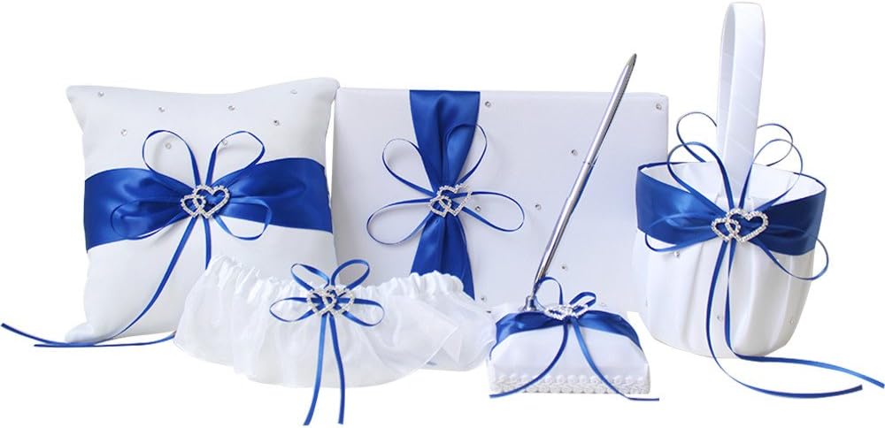 Amajoy 5pcs Sets Wedding Guest Book + Pen Set + Flower Basket + Ring Pillow + Garter, White Cover, Double Heart Rhinestone Decor Royal Blue Ribbon Bowknot Elegant Wedding Ceremony
