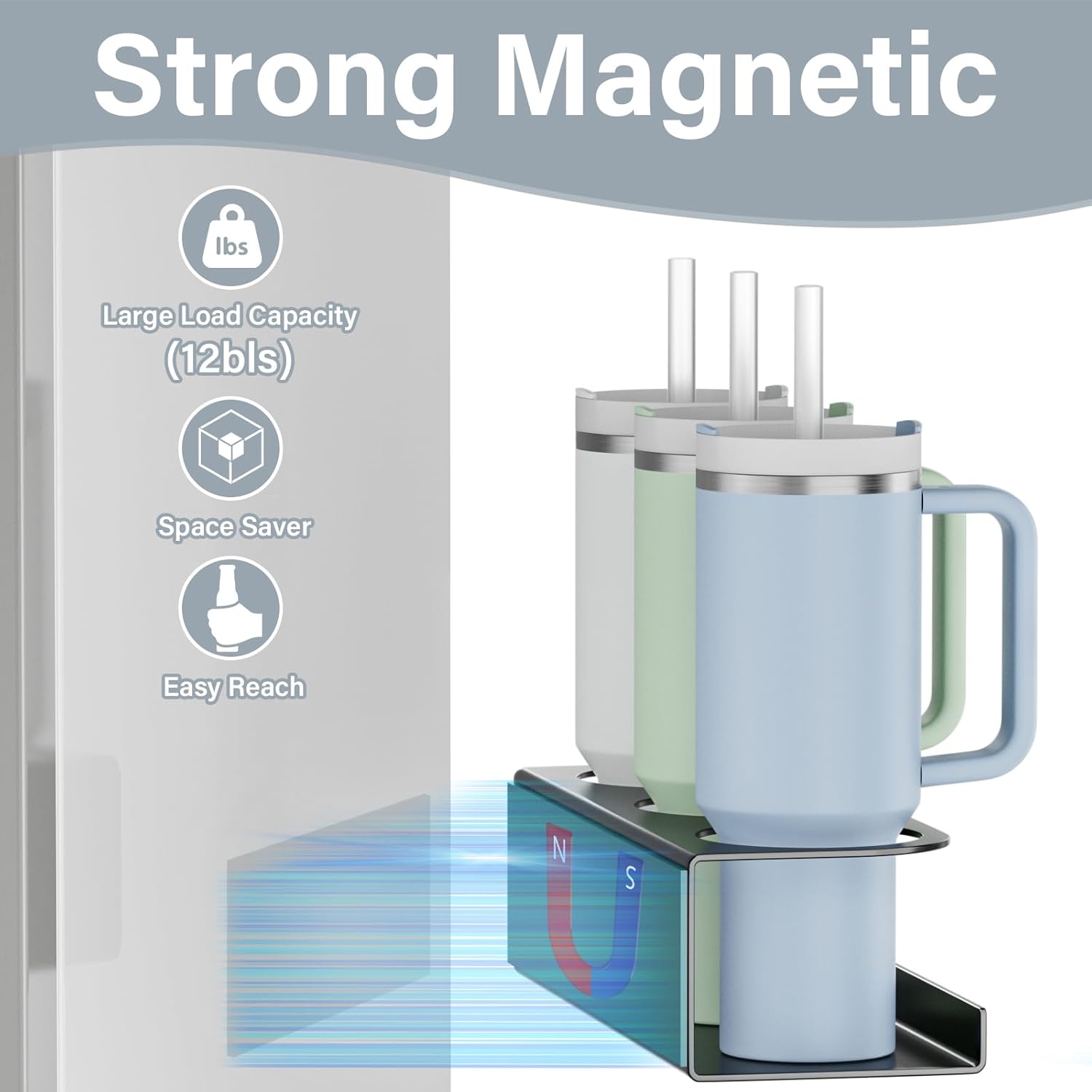 OVICAR Magnetic Cup Holder for Stanley 20/30/40oz - 2 Pack Tumbler Organizer for Refrigerator - Water Bottle Organizer with Straw Basket & 6 Hooks Tumbler Cup Lids Accessories Storage Black - Image 2