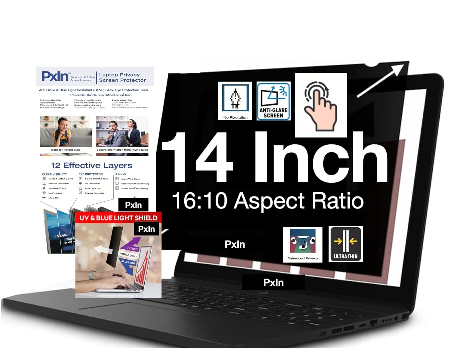 PxIn 14 Inch (16:10) Privacy Screen Filter - NO Eye Strain | Anti-Blue Light + Anti-Glare | No Dry Eyes | touch Privacy Screen Protector | Touch Screen (B0CF1H9VB9) Amazon Price History, Amazon Price Tracker