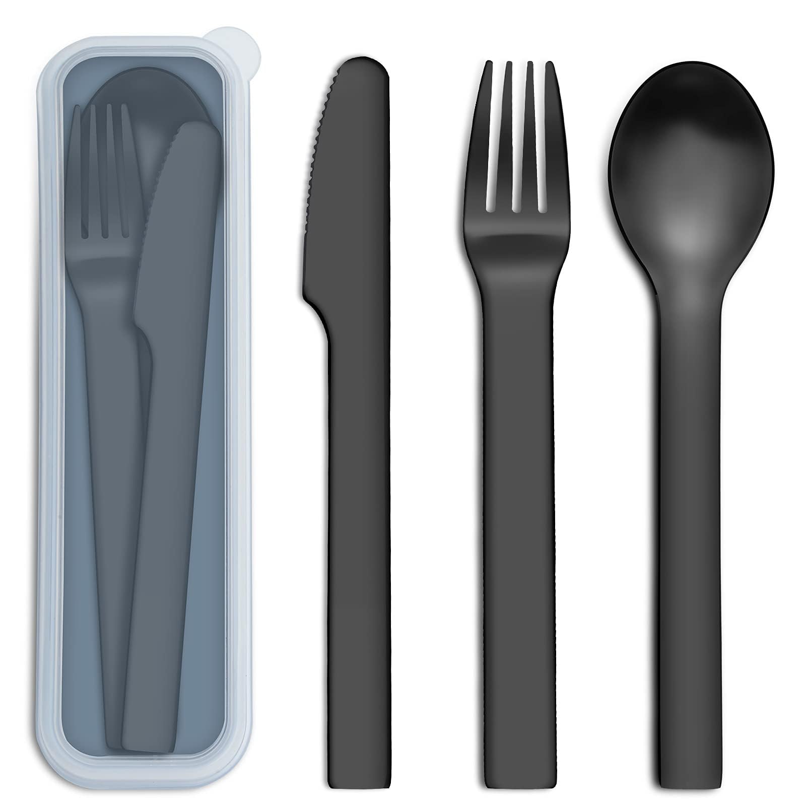 Pleafind Cutlery Set, 3-Piece Cutlery for Travel, Camping Cutlery Made of Stainless Steel, 1 Person Cutlery, Travel Cutlery with Case, Knife, Fork, Spoon, Dishwasher Safe, Cutlery for Outdoor (Black)