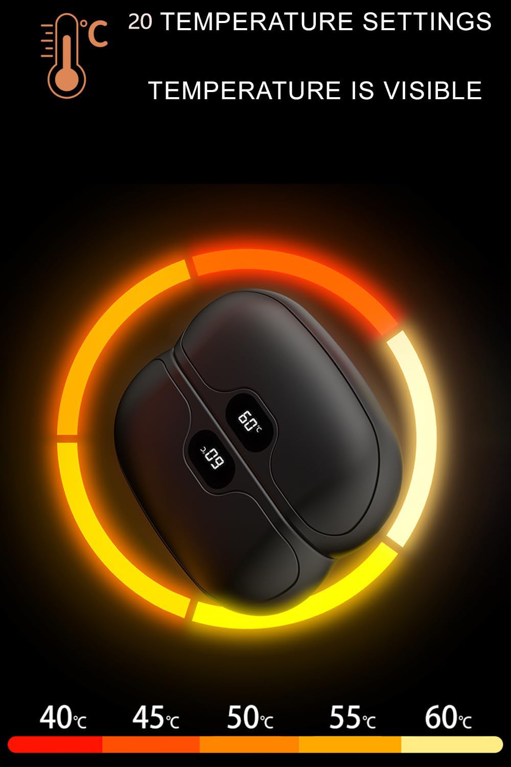 Chauffe-mains magnétiques portables, rechargeable avec station de charge, réglage de la température à 20 vitesses, lampe de poche intégrée, idéal pour les voyages et la randonnée