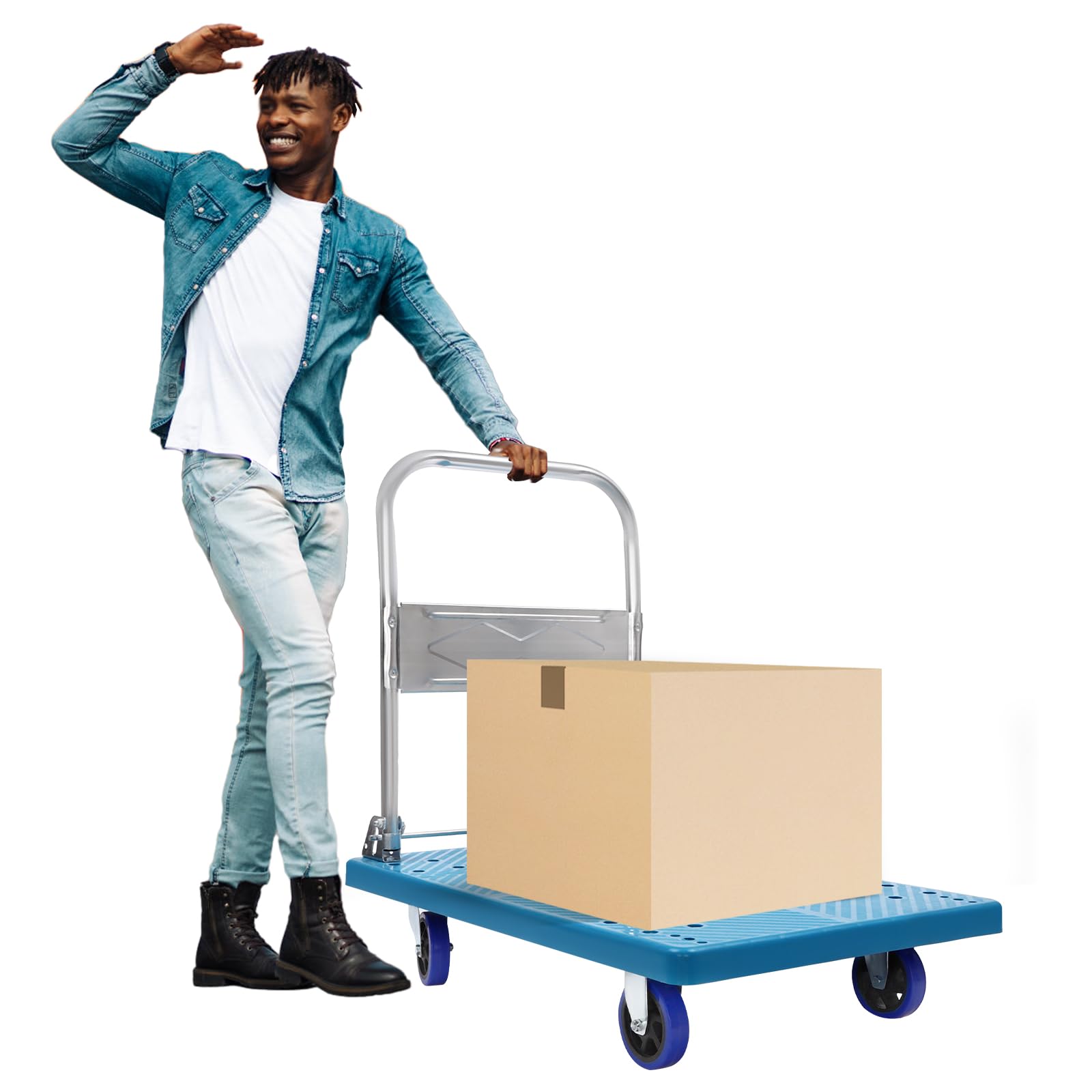 Carretilla de mano plegable con 300 kg de capacidad de carga, transporte de 4 ruedas, plegable, portátil, para equipaje, personal, viajes, reubicación y oficina (300 kg azul)