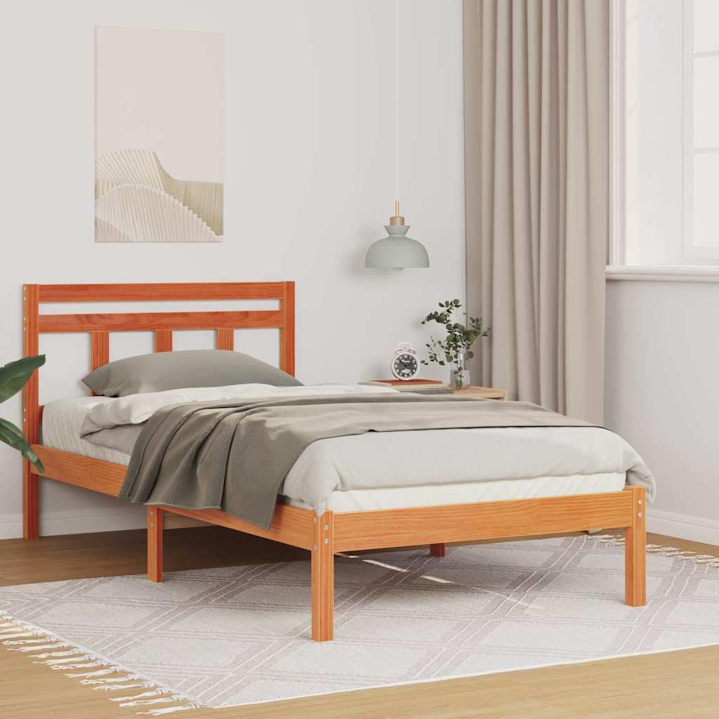 YUTAASU Bettrahmen Braun 75 x 190 cm Massives Kiefernholz | Mit Kopfteil, Plattform-Lattenrost, Quadratische Beine, Einfacher Aufbau, Pflegeleicht