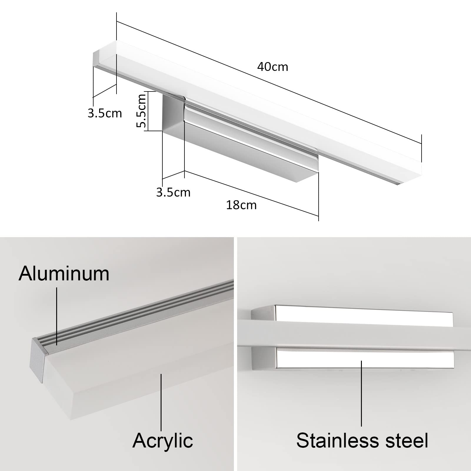 Aogled Led Spiegellamp Badkamer 5w 400lm 30cm 230v Neutraal Wit 4000k,Roestvrij Staal 3-in-1