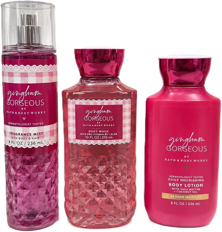Conjunto com 3 produtos White Barn Gingham Gorgeous: névoa perfumada, loção corporal e gel de banho