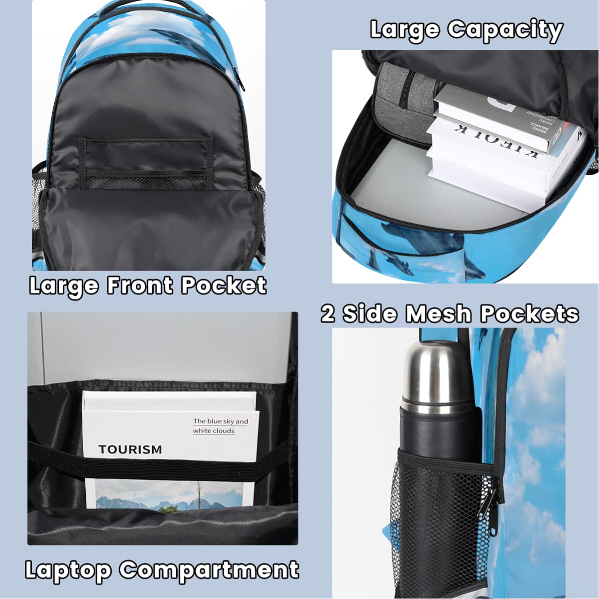TropicalLife Springender Delfin-Rucksack für Kinder, Mädchen, Jungen, Herren, Damen, Delfine, Multifunktions-Rucksack, Schule, Büchertasche, 20 l, Laptop-Tasche, Reisen, lässiger Tagesrucksack,