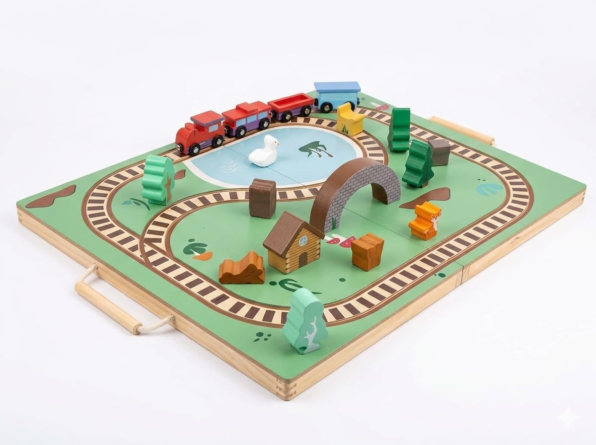 Imagine & Play Nature Explorer – 17 Piece Wooden Train Set with Foldable Carrying Board, Forest Animals & Bridge – Toddler Toys, Train Toys, Toys for Kids Boys & Girls 3+, Gifts for 3 Year Old Boys