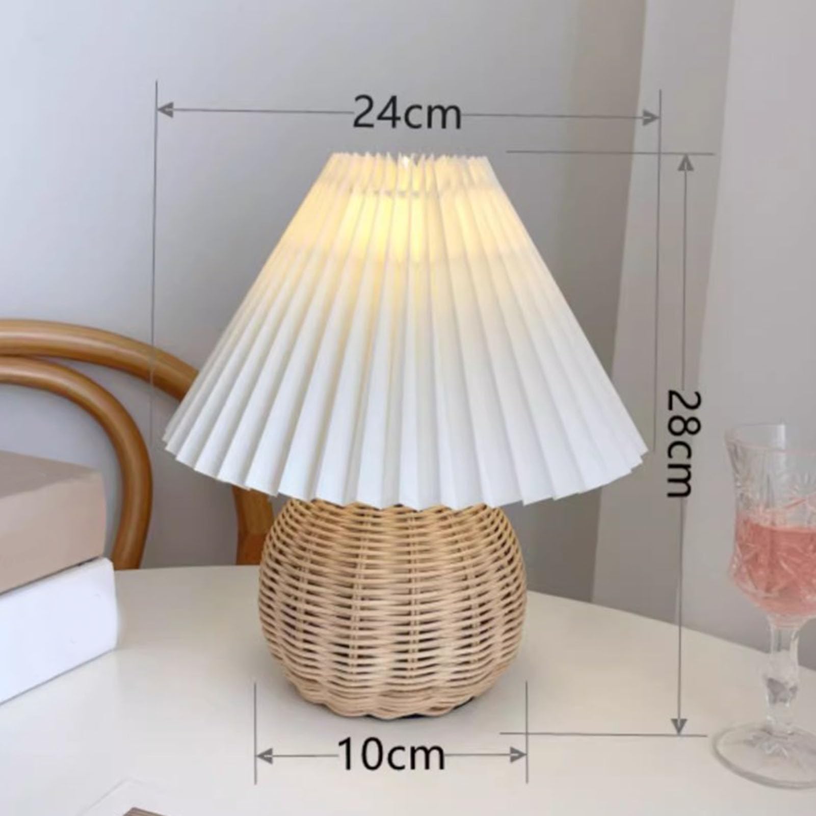 Beufee Table Lamps for Living Room 24×28cm Retro Lamp Small Pleated Table Lamp Rattan Metal Base Modern Bedside Nightstand Lamp with Beige Lampshade - Image 4