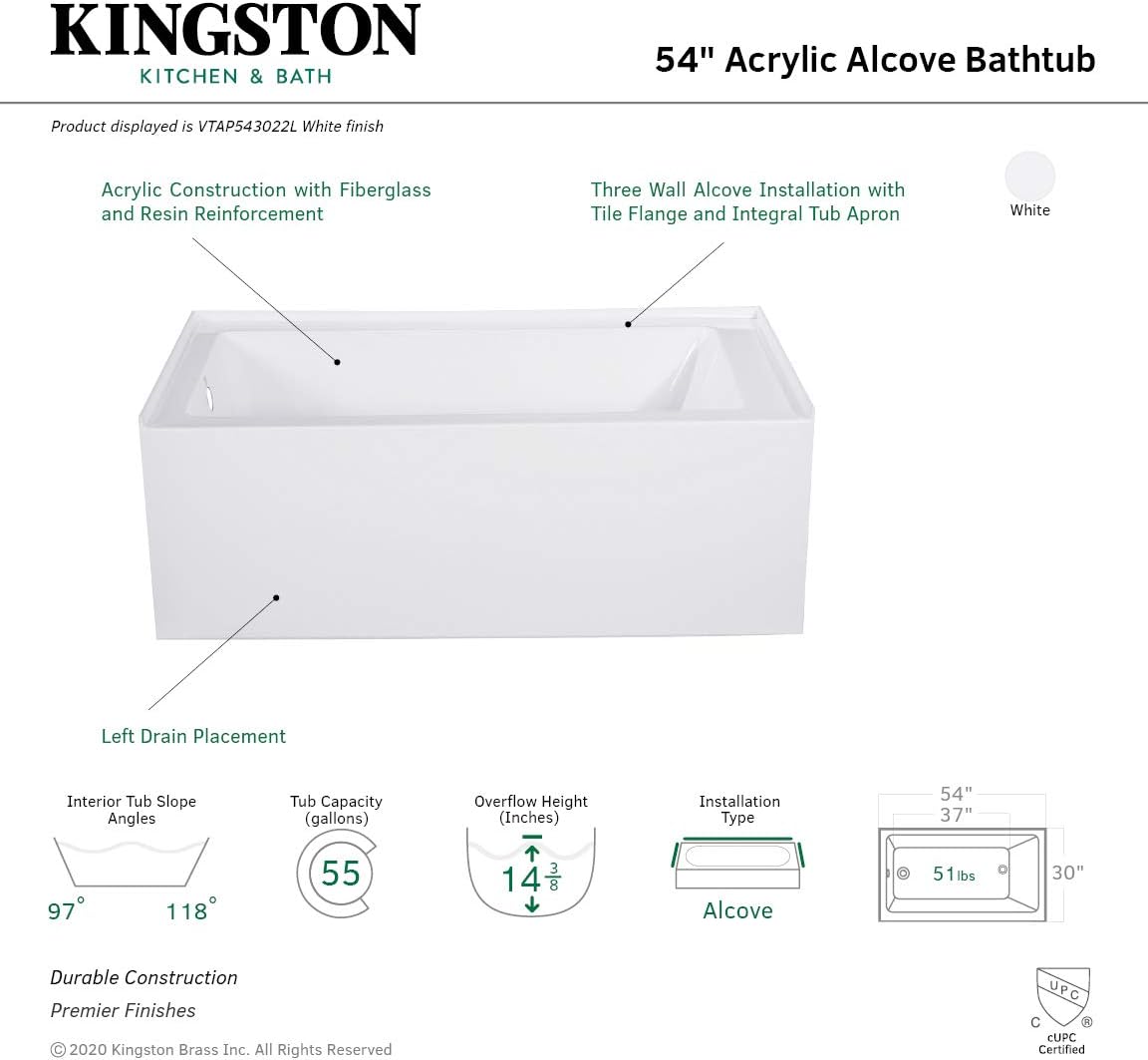 Kingston Brass Aqua Eden VTAP543022L 54-Inch Acrylic Alcove Tub with Left Hand Drain, White