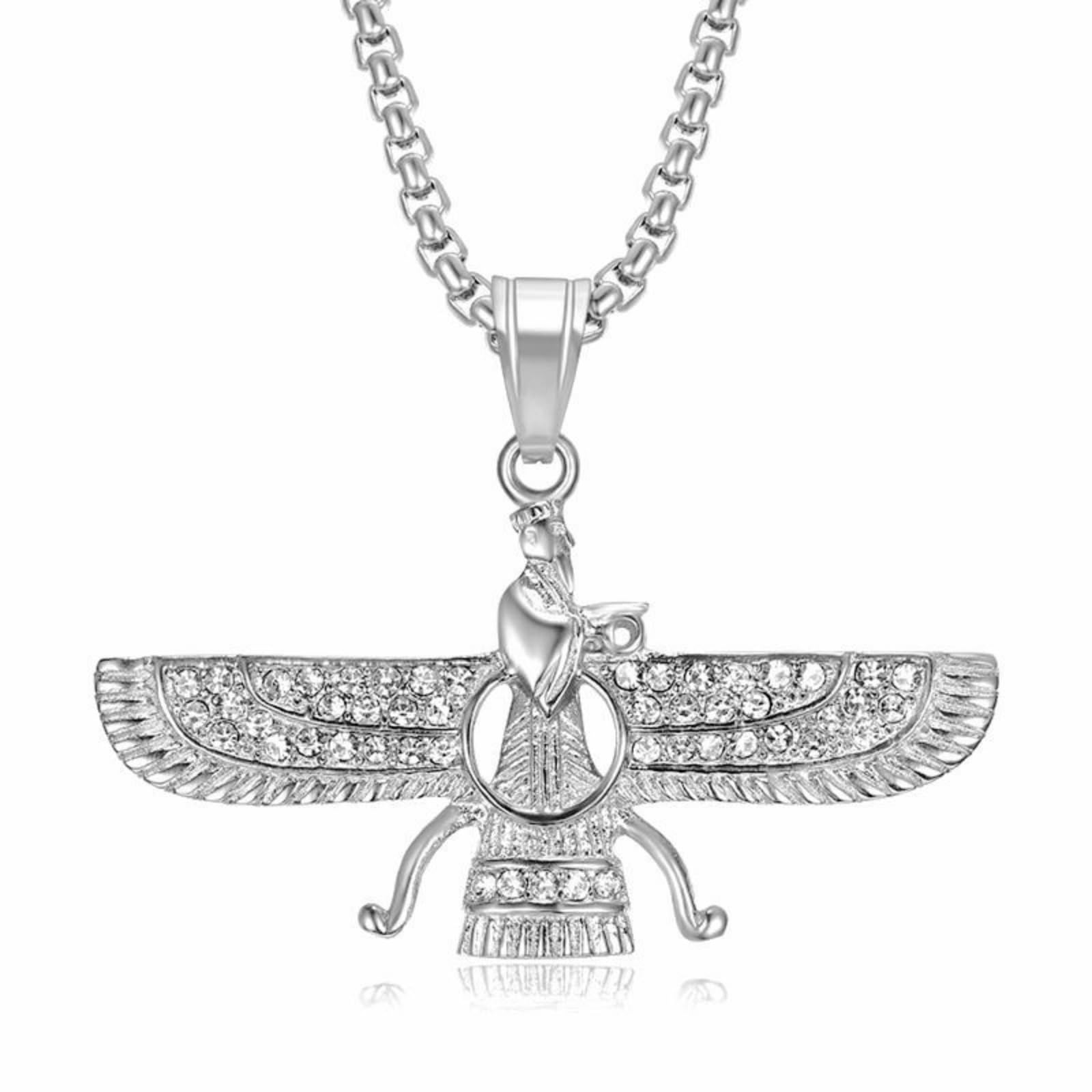 BDSHGRDH women's pendants， Ancient Persian Zoroastrianism Faravahar Necklace, Plated Titanium Steel Crystal Inlaid Winged Pendant(Silver)