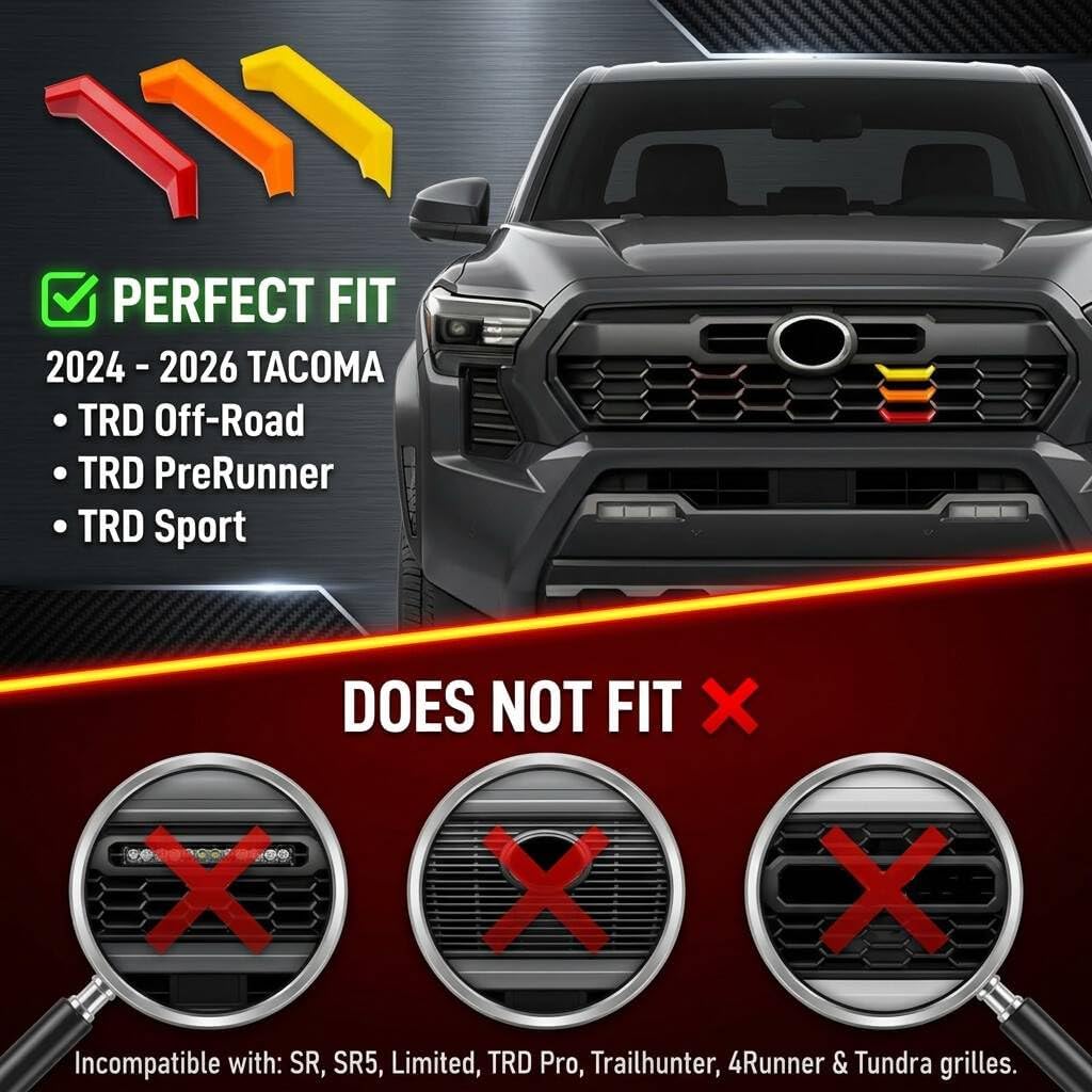 Tri-Color Front Grille Insert Trims, Grille Decor Badge Emblem Compatible with 2024 2025 2026 Toyota Tacoma TRD Off-Road, PreRunner, Sport