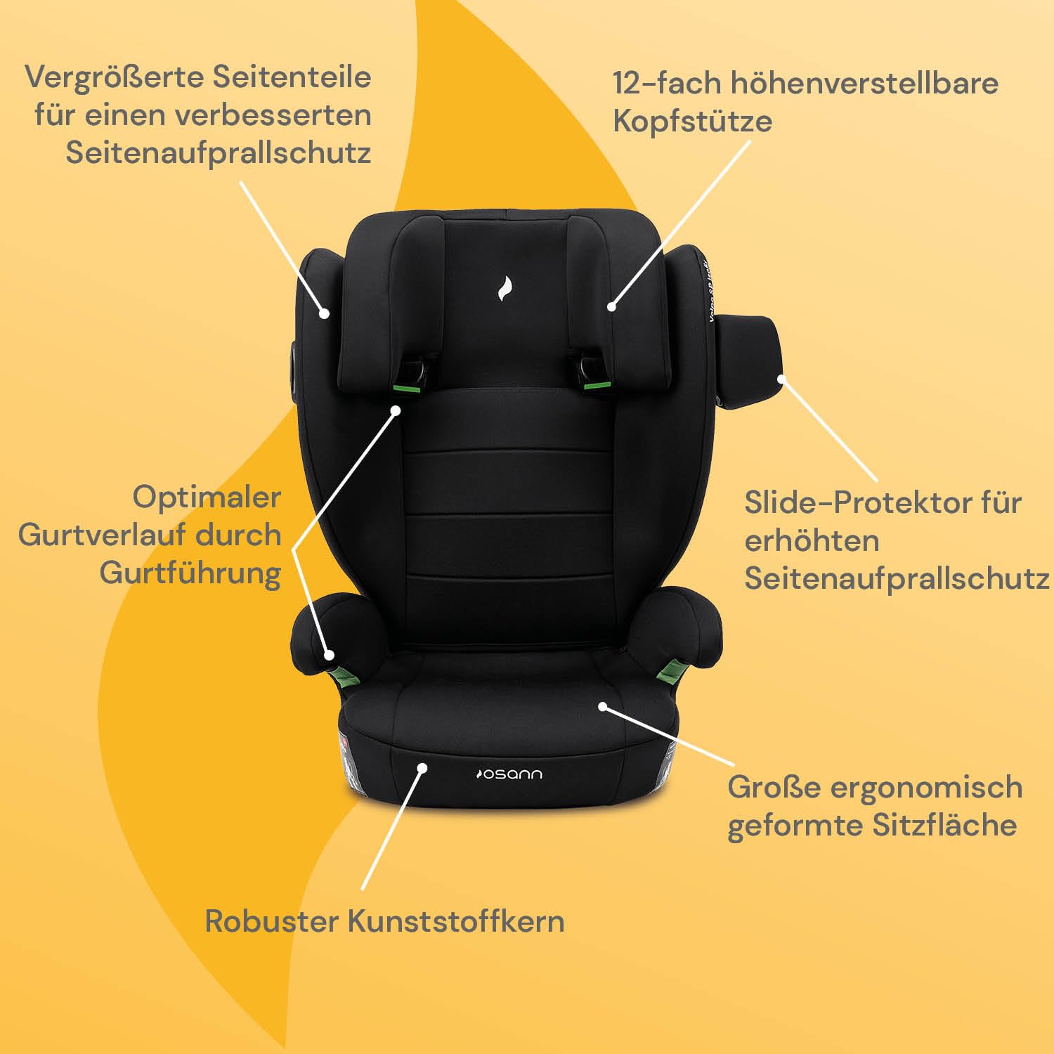 OSANN - Seggiolino auto Volpo SP I-Size - 100-150 cm - Nero - 12 posizioni, cintura a 3 punti, rivolto in avanti, reclinabile, lavabile