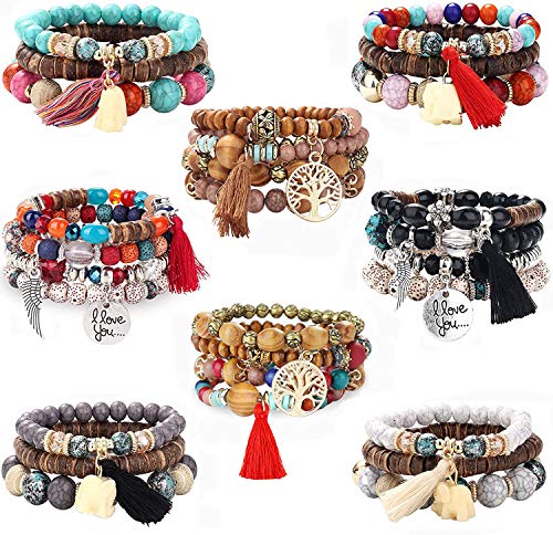 YADOCA 8 Pcs Bohemian Wood Beaded Bracelets Set for Women Boho Multilayer Tassel Strand Elephant Charm Bracelets Stretch