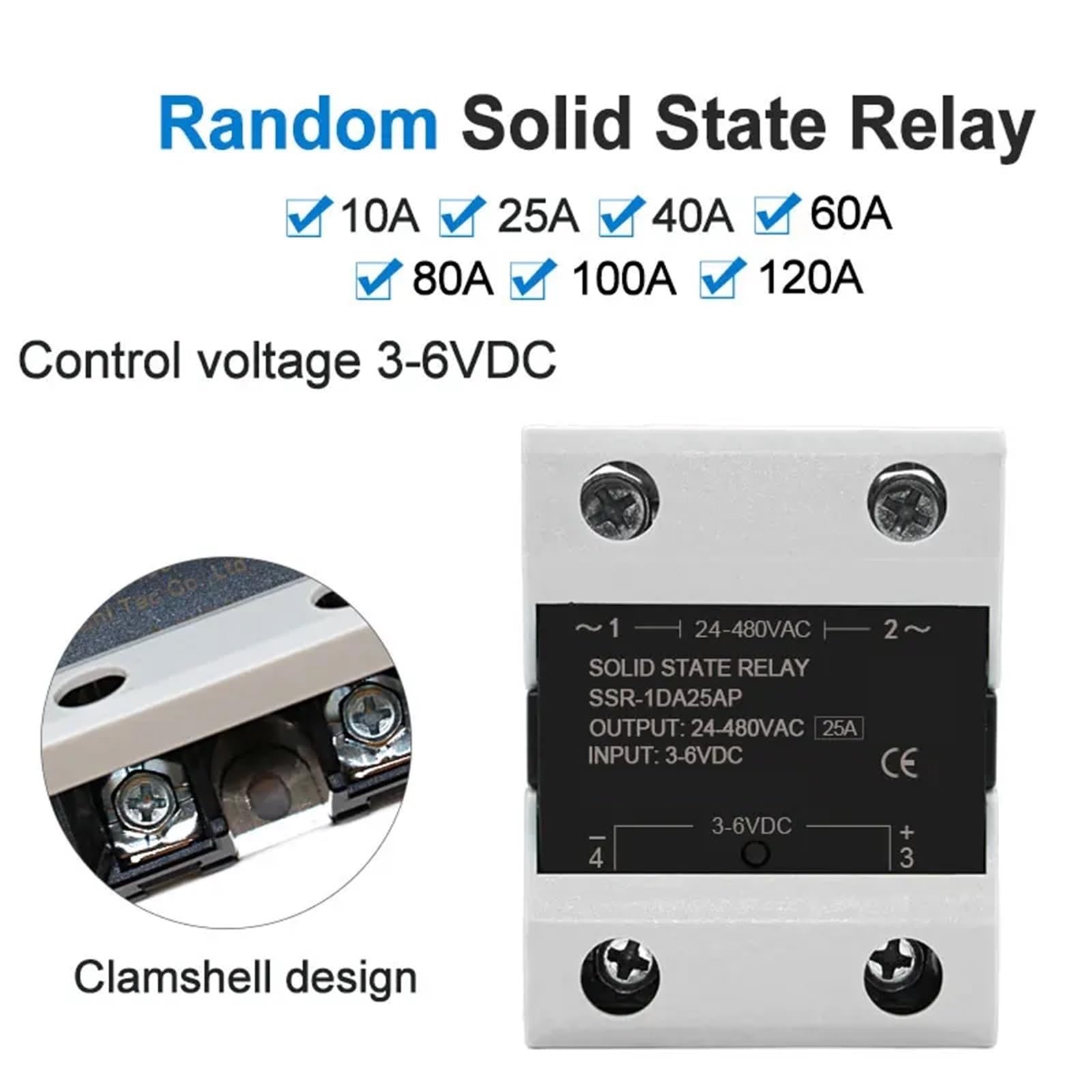 Losowy przekaźnik półprzewodnikowy SSR 10A 25A 40A 60A 80A 100A 120A DC Sterowanie DC Jednofazowe sterowanie AC 3-6 V DC 24-480 V AC (60 A)