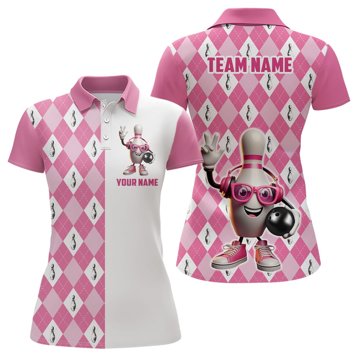 PIONAMZIOZ Custom Music Bowling Team Shirts Pink Bowling Jerseys for Men Women Funny Bowling Pin Polo & 1/4 Zip Bowling Shirt (US, Alpha, Small, 5X-Large, Regular, Regular, Women Polo)