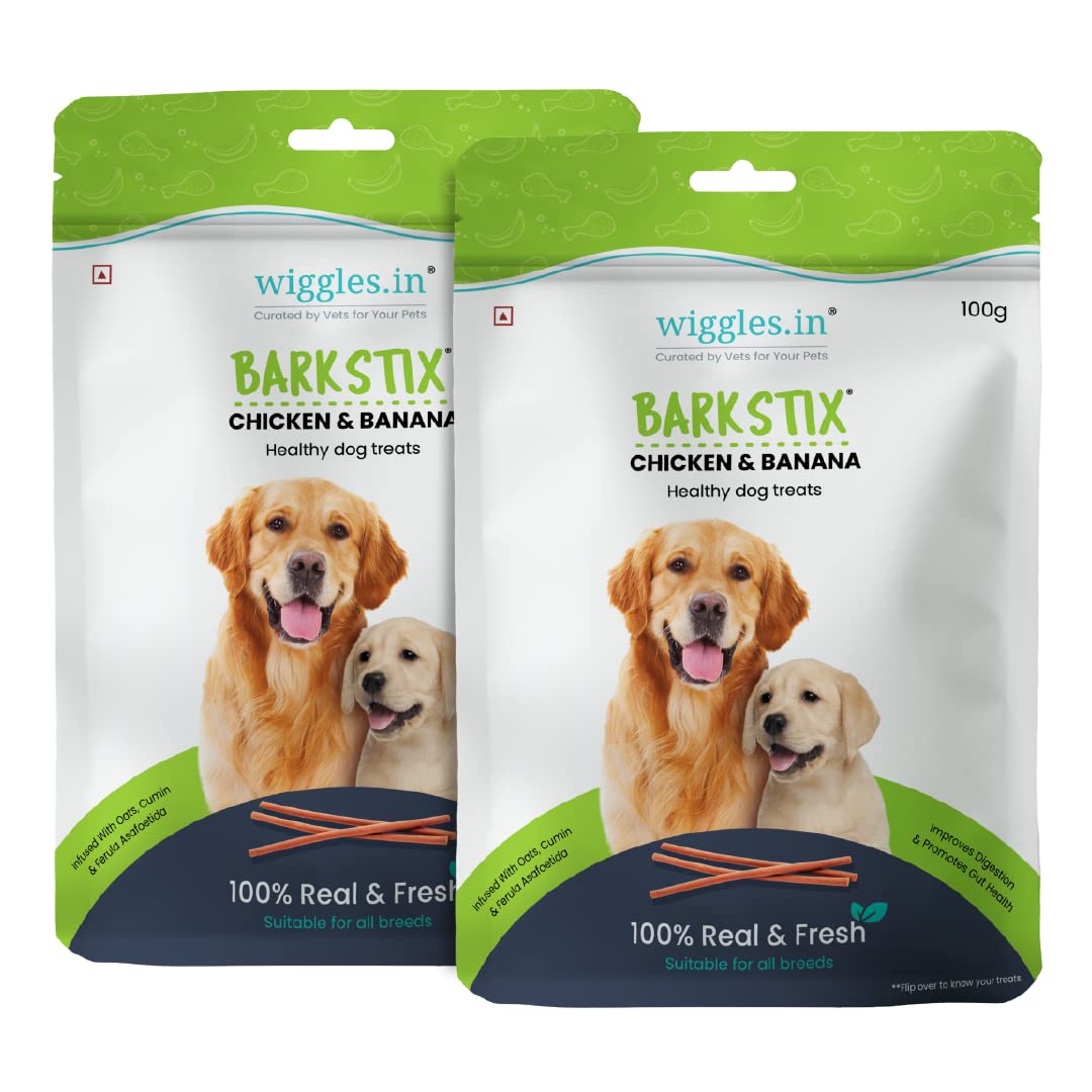 Wiggles Barkstix Dog Treats (Chicken & Banana, 200G) | Fresh Chicken Soft Chew Sticks for Training Adult Puppies | Improves Digestion & Promotes Gut Health with Oats & Cumin | for All Breeds