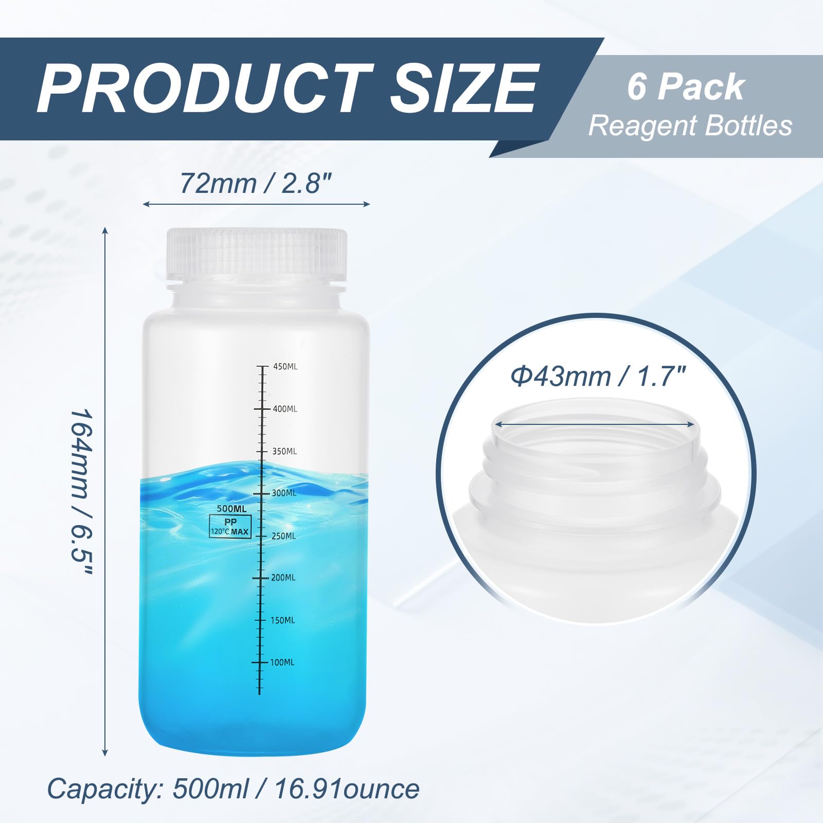 PATIKIL 6 Pcs Botellas De Muestra De Plástico Con Tapa Roscada, 17 oz 500ml Bote De Reactivo De Boca Ancha Contenedores De Muestra Transparentes De PP Con Tapa, Transparente