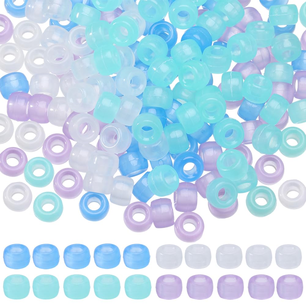 SUNNYCLUE 800Pcs 6x9mm Glow in the Dark Pony Beads Plastic Luminous Blue Purple Opaque Braid Loose Spacer Beads Friendship Bracelets Beads for Jewellery Making Beading Kits