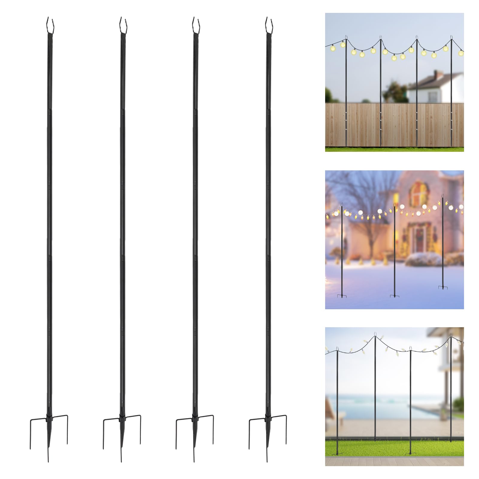 String Lights Poles Set di 4 aste in metallo per esterni, 3 m, per catena luminosa, asta esterna stabile con forcella e punta per giardino, terrazza, balcone, matrimonio, festa, illuminazione