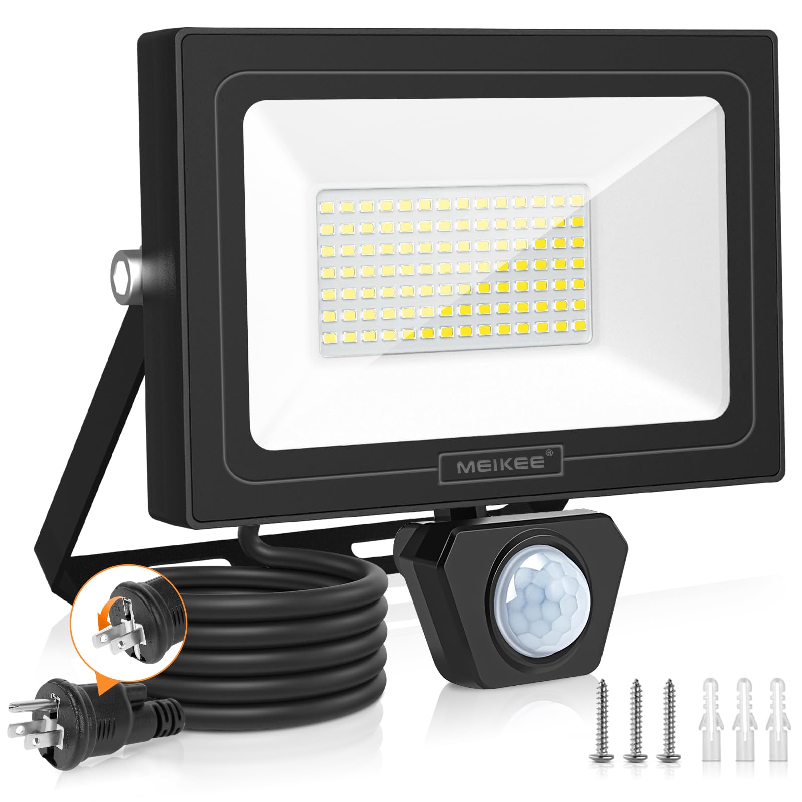 MEIKEE 最新型 LEDセンサーライト 屋外 屋内兼用 人感 LED投光器 80W 7200LM コンセント式 AC100V 極薄型 6500K 白色 高輝度 フラッドライト 外灯 IP66防水 明暗人感センサー 自動点灯 防犯ライト ガレージ 玄関 ベランダ 駐車場 倉庫 勝手口 カーポート 廊下 軒下 車庫 階段 適格請求書発行ok 折りたたみ式3ピンプラグ