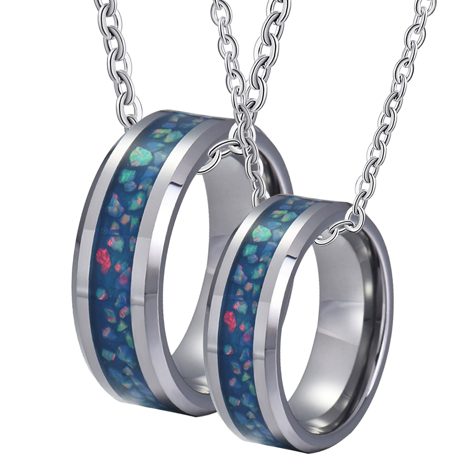 Halskette für Paare, Silberkette Damen Hochzeit Wolframkarbid 8 mm Silberring Inlay Blauer Opal Hochzeitsgeschenk Ring Halskette