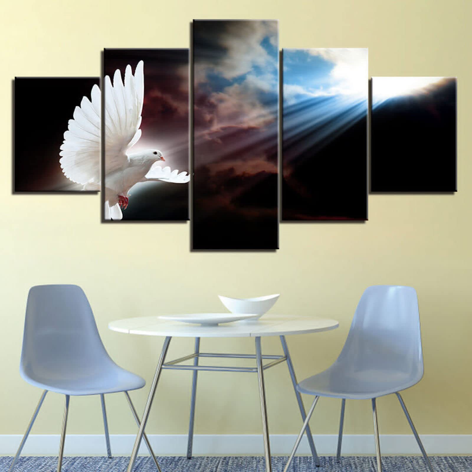 Meijiu 5 Piece Large Canvas Painting Wall Art Holy Spirit White Dove Peace Bird Sunshine Picture Print On Canvas for Living Room Bedroom Decor Poster Artwork Stretched and Framed Ready to Hang