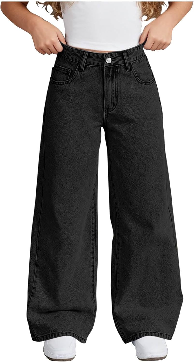 wodceeke Straight Wide Leg Jeans Cute Bow Embroidery Back Trendy Y2k Streetwear Casual Denim Pants for Teens