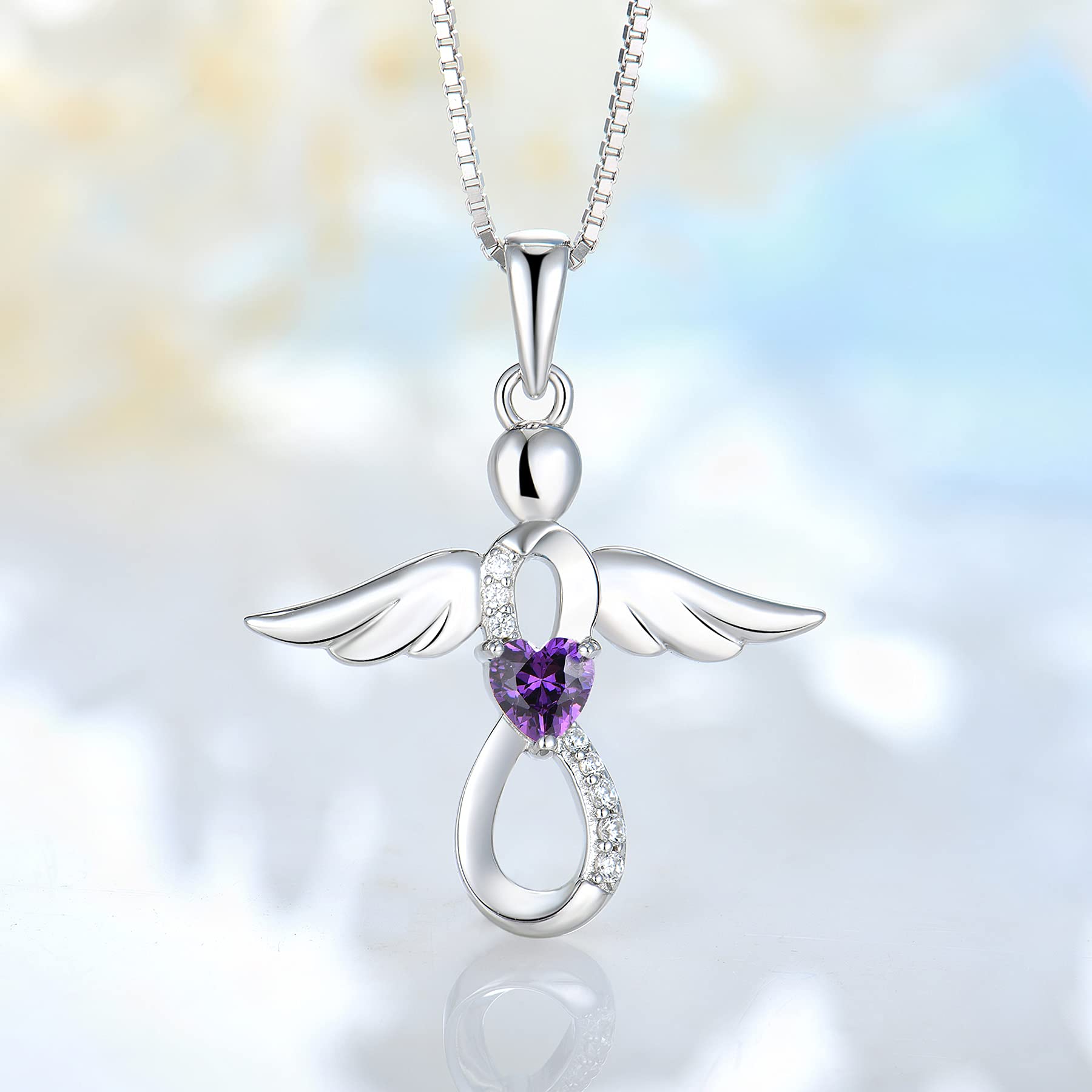 FJ Schutzengel Halskette Anhänger 925 Sterling Silber Infinity Unendlichkeit Kette mit Zirkonia Geburtsstein Engel Schmuck Geschenke für Frauen Mädchen