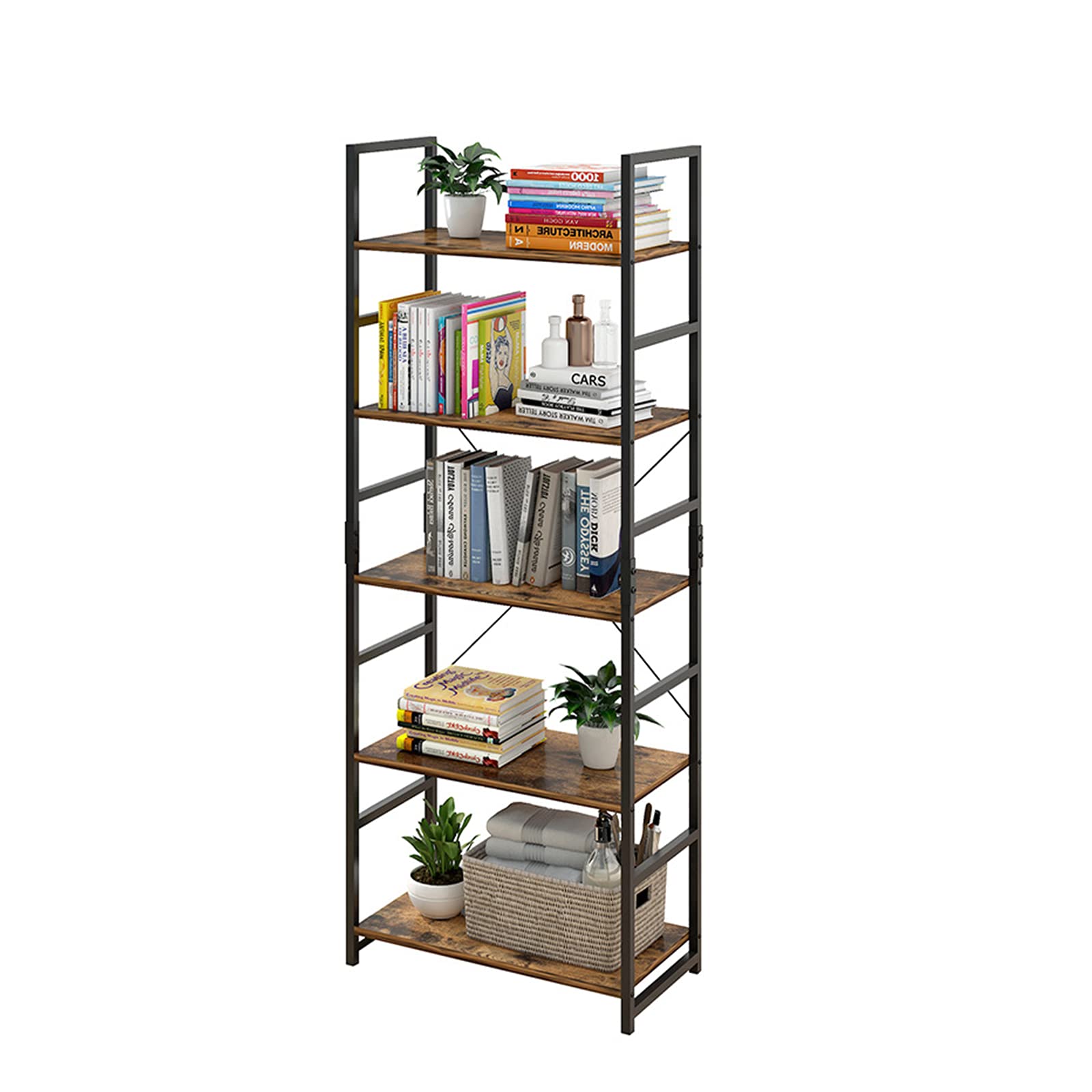 Buy BENOSS5 Tier Bookshelf Rustic Wood & Metal Frame Bookcase Shelf