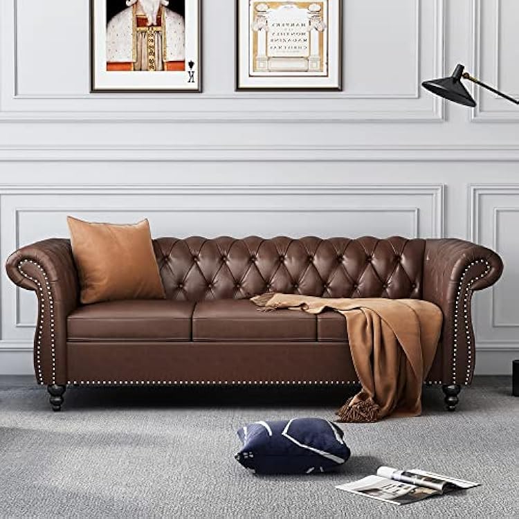 Image of WOODEN WORLD Modern & Classic Leather Sofa Set - Luxurious Comfort, Stylish Design, and Durable Build (Brown, 3 Seater)