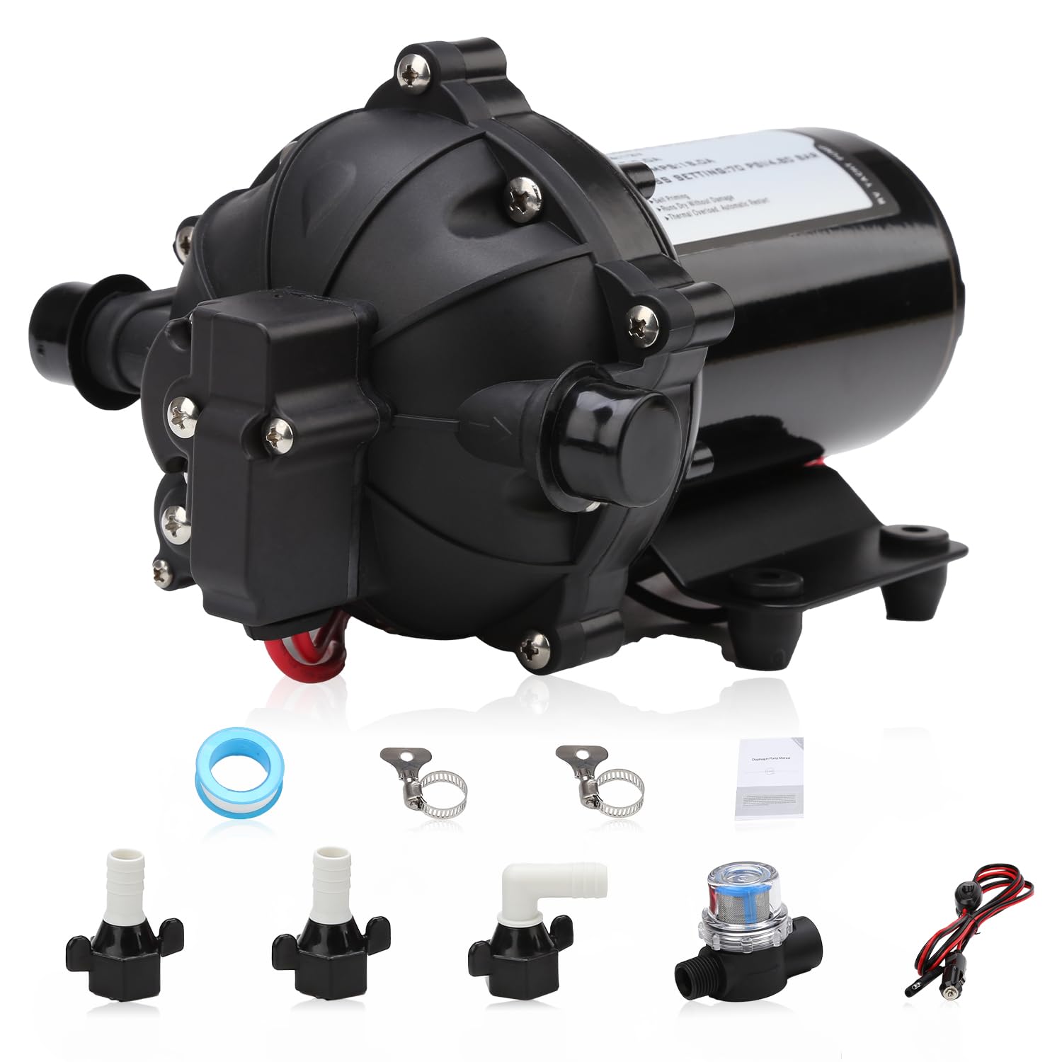 Pompa a membrana a pressione dell'acqua da 12 V, 70 PSI 6,5 GPM RV autoadescante con adattatori per tubo flessibile per irrigazione, yacht, autolavaggio