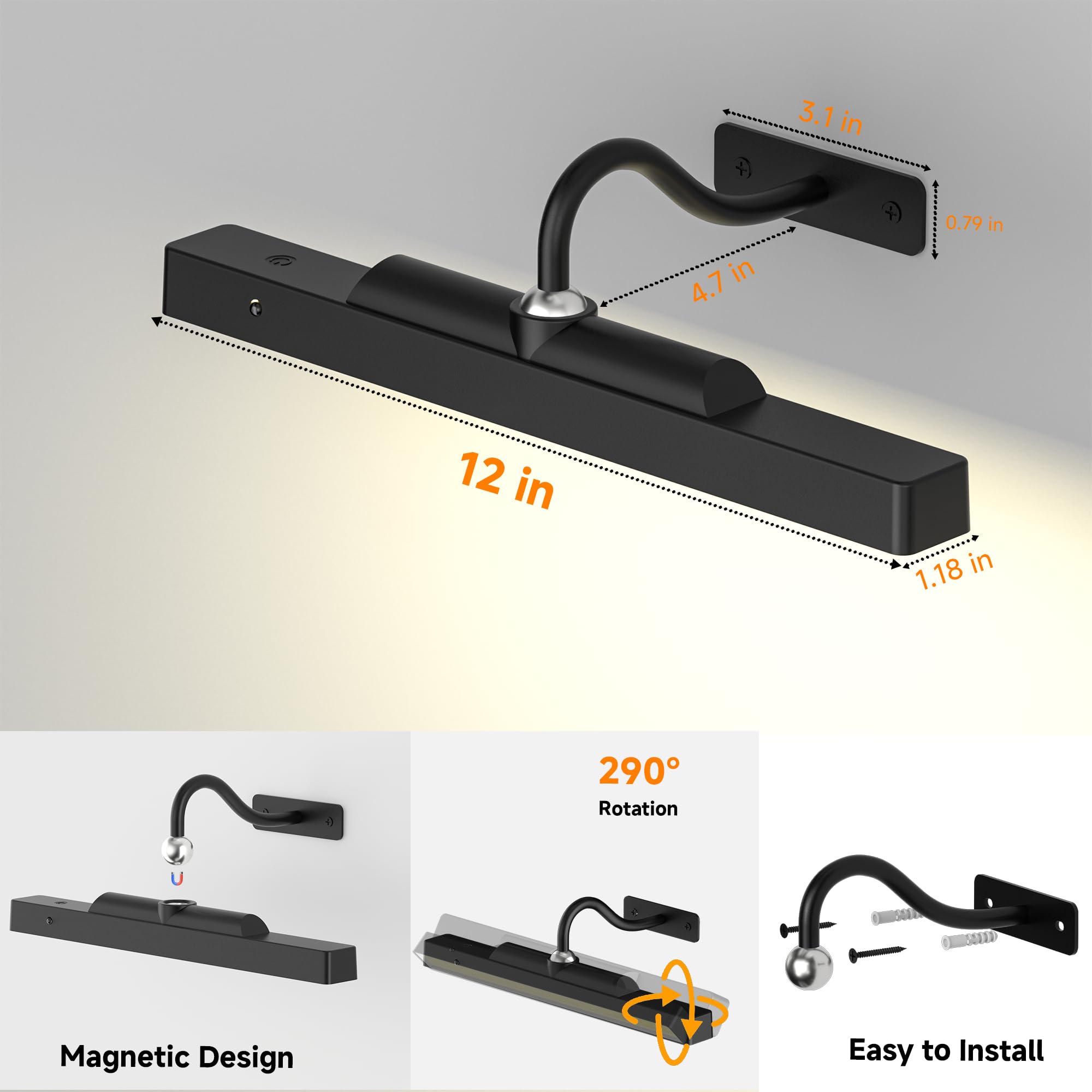 Lot de 2 lampes pour tableau, 4 400 mAh, à piles rechargeables, sans fil, à intensité variable, éclairage magnétique pour décoration murale, cadre et galerie (30,5 cm, noir)