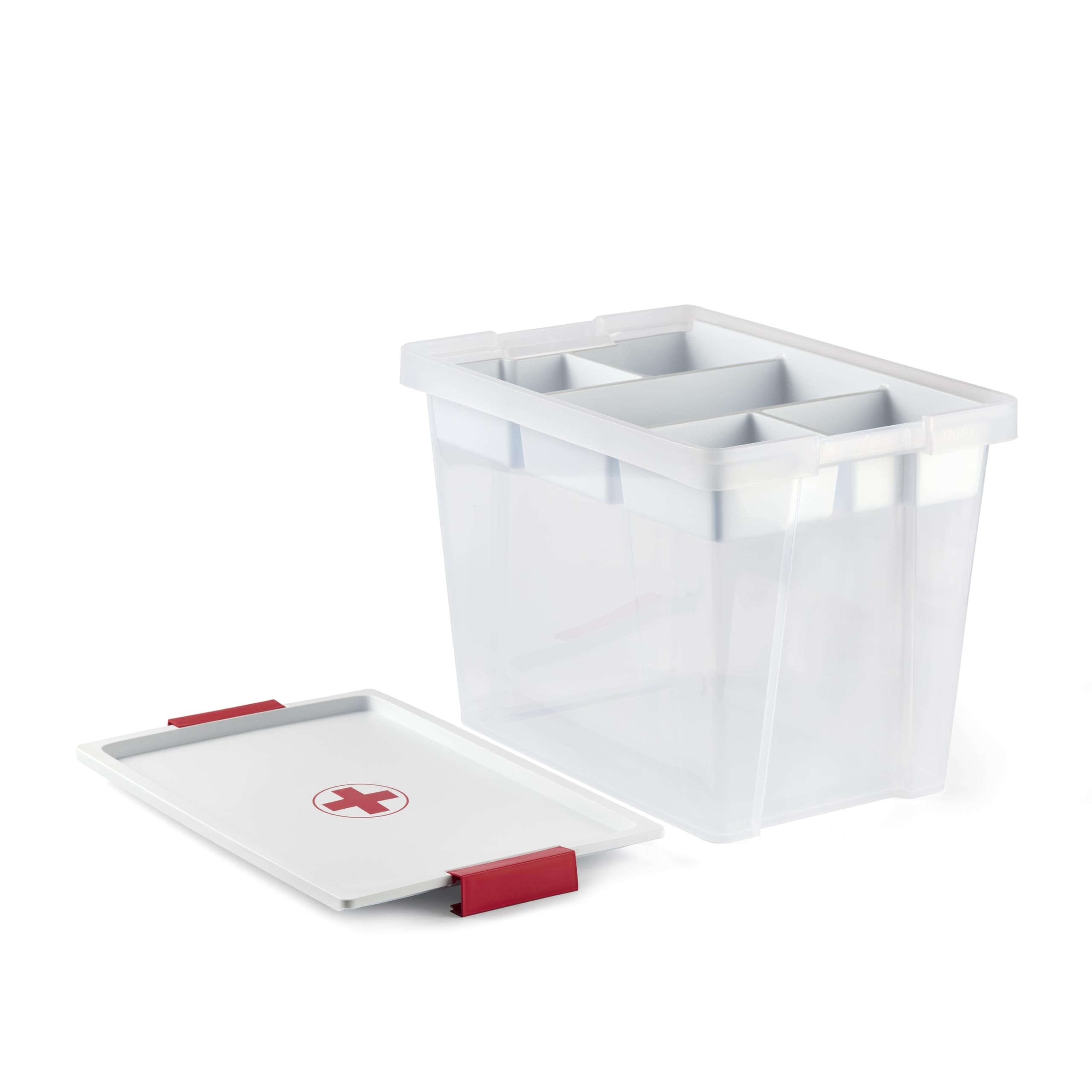 TATAY Boîte à Pharmacie 15L | Boite de Rangement avec Couvercle + Plateau 5 Compartiments | Couvercle à Charnière | Poignées Ergonomiques | Plastique Recyclé Sans BPA | 25x36x26 cm, Blanc